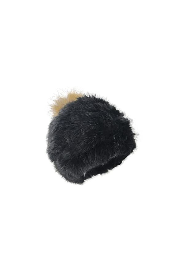 BeFur Bonnet tricoté pour femme - Avec pompon en fourrure de lapin - Chaud, marron, Taille unique