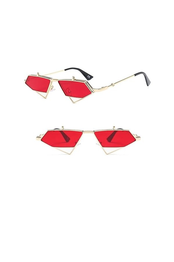 Gold Steampunk Flip Up Lunettes de soleil Hommes Vintage Red Metal Frame Triangle Lunettes de soleil pour femmes, or avec rou