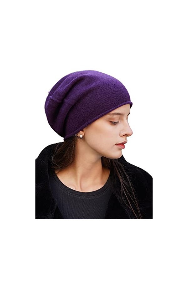 prettystern Bord roulé Couleur Unie Femme Casual Cachemire Laine Cashmere Bonnet tricoté Gris Clair