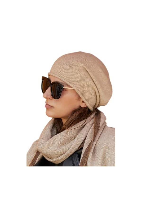 prettystern Bord roulé Couleur Unie Femme Casual Cachemire Laine Cashmere Bonnet tricoté Gris Clair