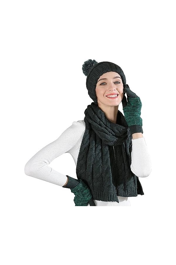 3 en 1 Bonnet Écharpe Ensemble et Gants pour Femme Bonnet Pom Beanie en Tricot Gant à Écran Tactile Écharpe Longue pour lhiv