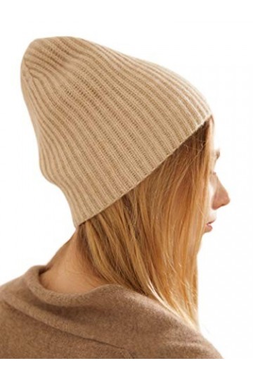 prettystern Bonnet côtelée en Laine 100% Cachemire pour Femmes et Hommes Beige