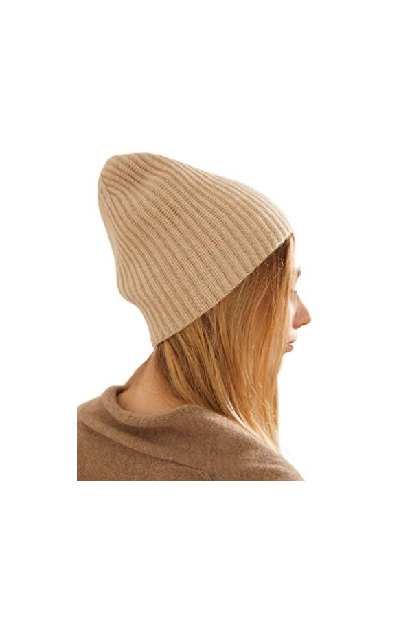 prettystern Bonnet côtelée en Laine 100% Cachemire pour Femmes et Hommes Beige