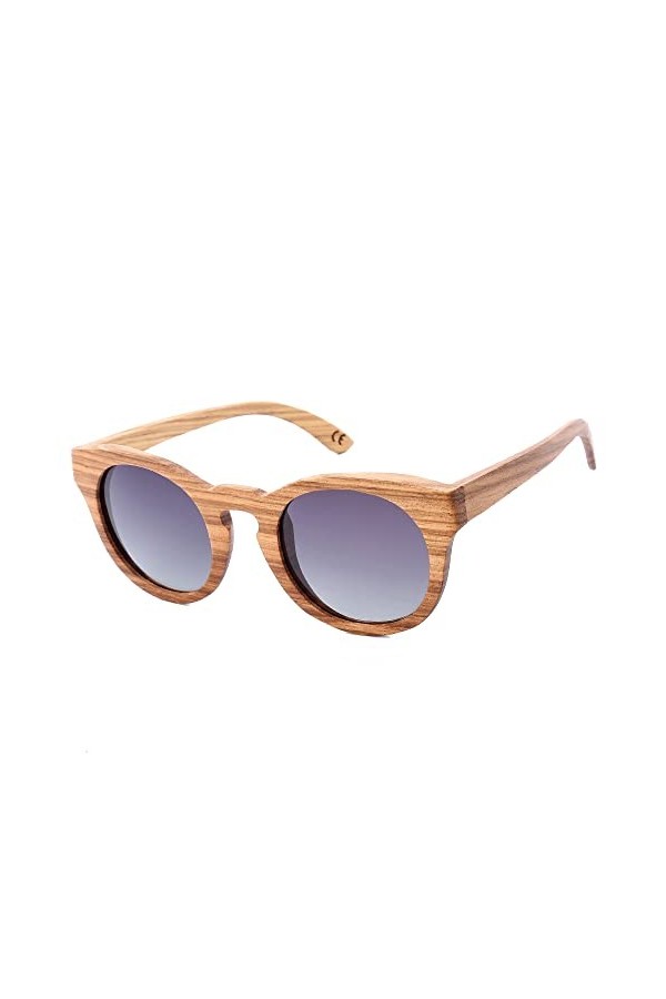 Lunettes de soleil rondes polarisées pour femme - Rétro faites à la main - En bois de noyer de catégorie 3 - Avec étui en bam