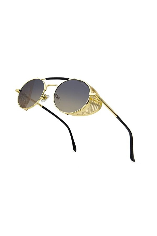 RONSOU Steampunk Style Ronde Vintage Lunettes de Soleil Rétro Lunettes UV400 Protection Métal Cadre Cadre Doré Lentille Pente