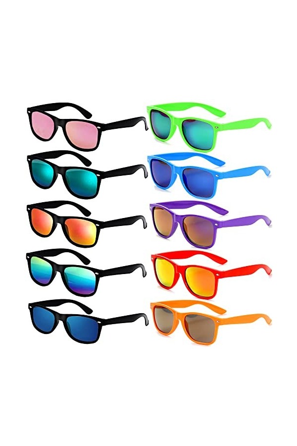 FSMILING Lot de 10 paires de lunettes de soleil fluo unisexes multicolores effet miroir années 80 pour homme et femme, Couleu