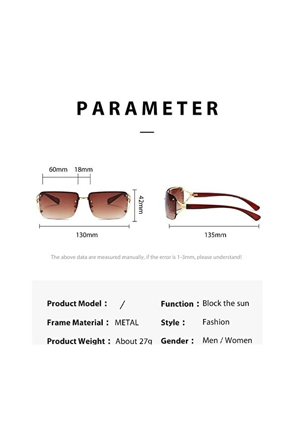 HPIRME Lunettes de soleil incurvées rectangulaires sans cadre pour femmes, lunettes de soleil vintage, C5, taille unique