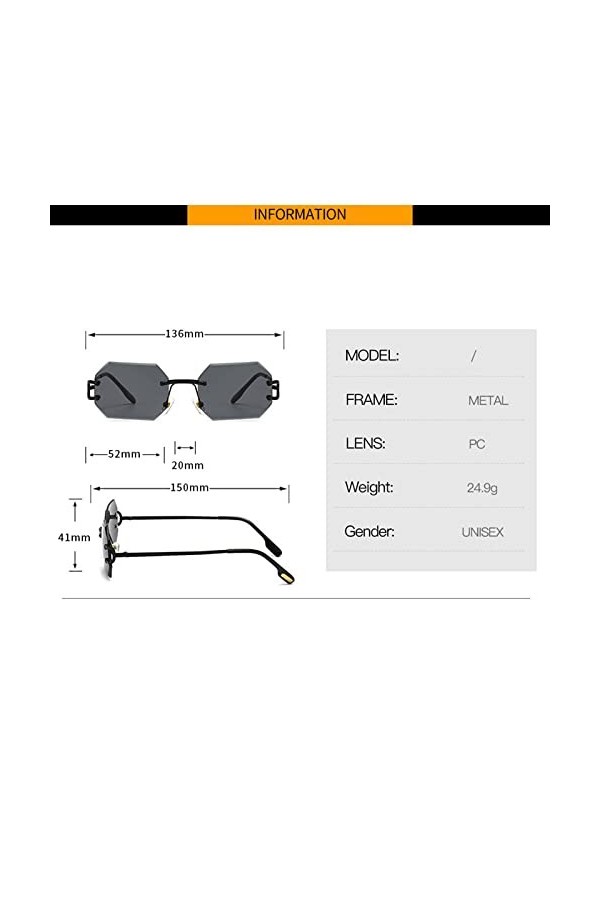 HCHES Lunettes de soleil carrées sans monture Vintage femmes hommes petites lunettes de soleil pour femmes UV400 nuances, ble