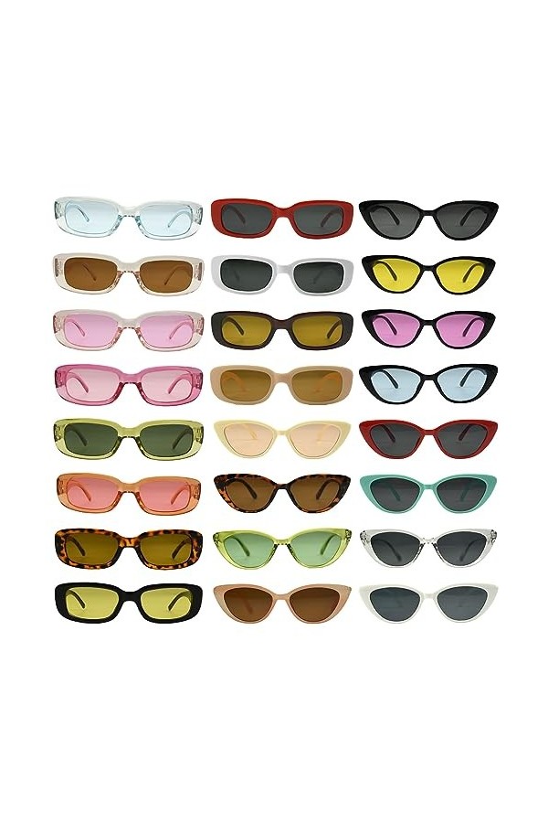Kikuo 24Pcs Lunette de Soleil Rectangulaire Cat Eye, Lunettes de Soleil Femme Homme, Soleil Rectangulaires Lunettes, Lunette 