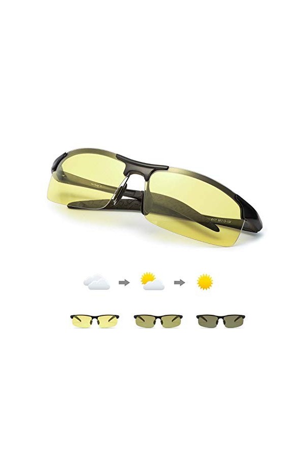 TJUTR Lunettes de Conduite de nuit Lunettes Photochromiques Polarisées Homme Métal Cadre - UVA UVB Protection Noir/Jaune Pho
