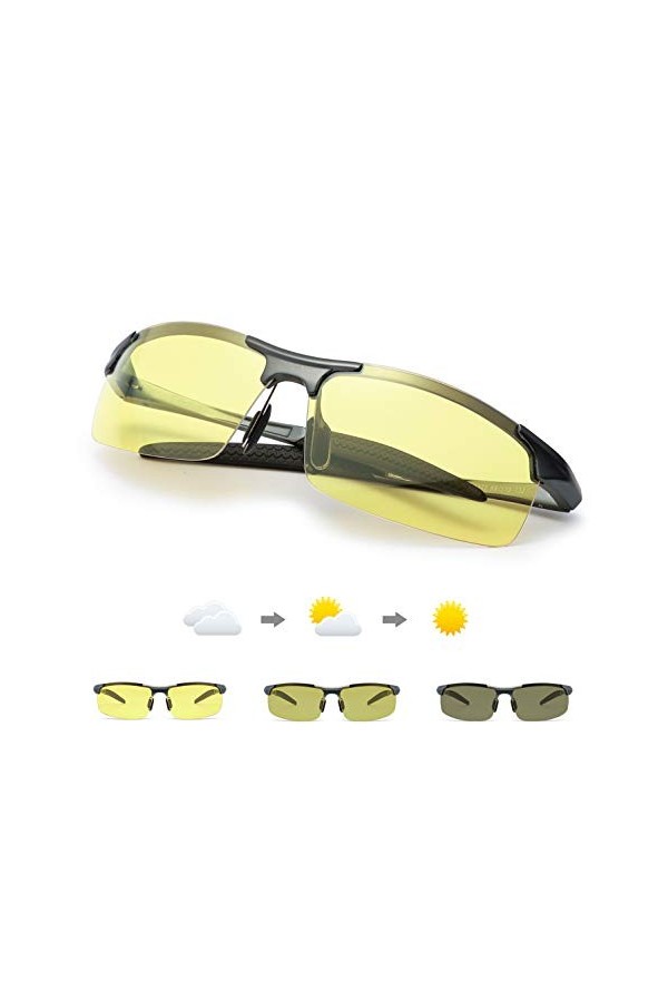 TJUTR Lunettes de Conduite de nuit Lunettes Photochromiques Polarisées Homme Métal Cadre - UVA UVB Protection Noir/Jaune Pho