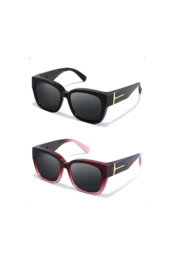 SIPHEW Lot de 2 lunettes de soleil polarisées pour femme, Dégradé rouge + noir