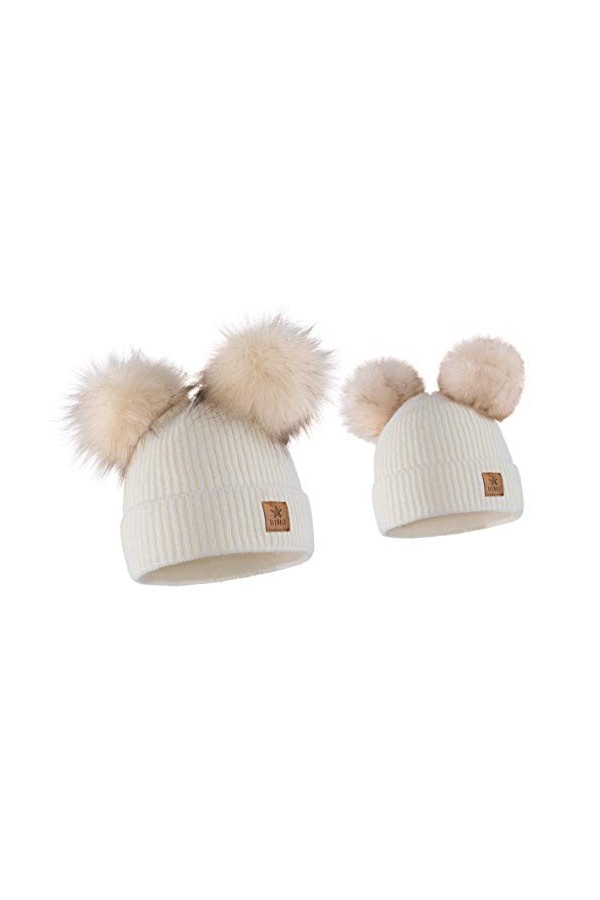ELIMELI Bonnet dhiver Chaud pour Maman et Fille - avec Deux Pompons - en Tricot - pour Femme - pour Femme - Bonnet à Pompon 
