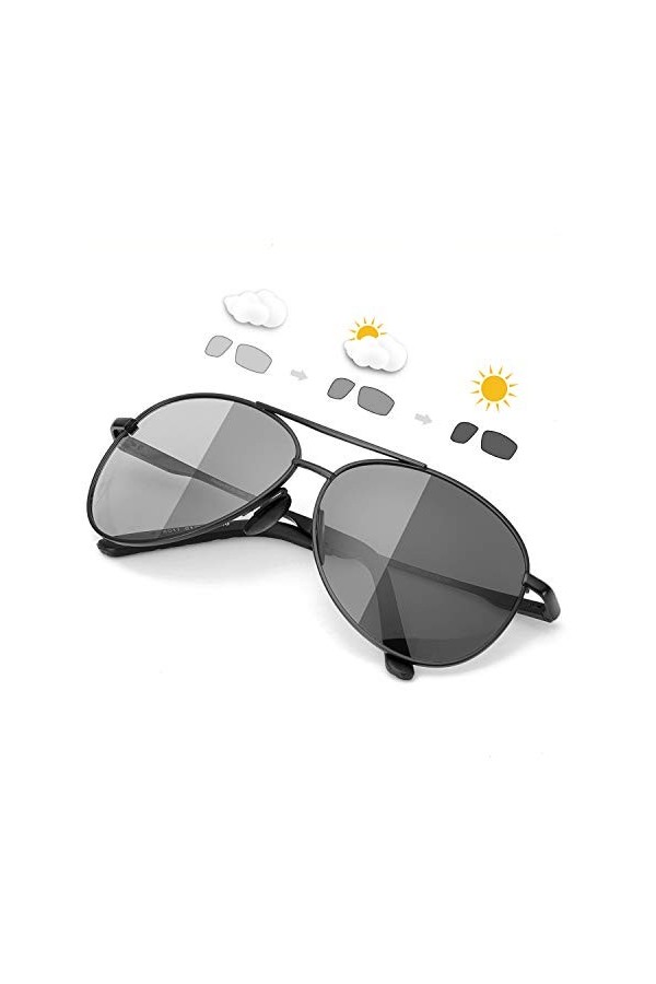 TJUTR Lunettes de soleil photochromiques polarisées pour homme - Monture en métal avec protection UVA UVB, noir/gris