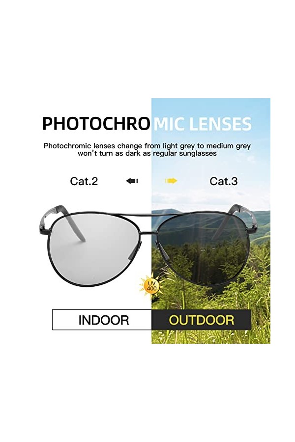 TJUTR Lunettes de soleil photochromiques polarisées pour homme - Monture en métal avec protection UVA UVB, noir/gris