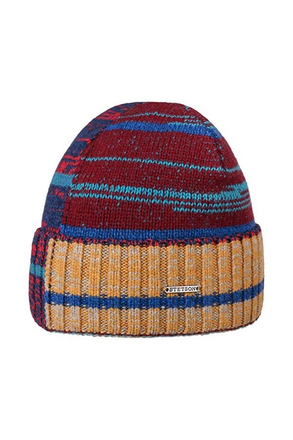 STETSON Bonnet en Laine Patchwork Femme/Homme - Beanie à Revers pour lhiver avec Automne-Hiver - Taille Unique Rouge