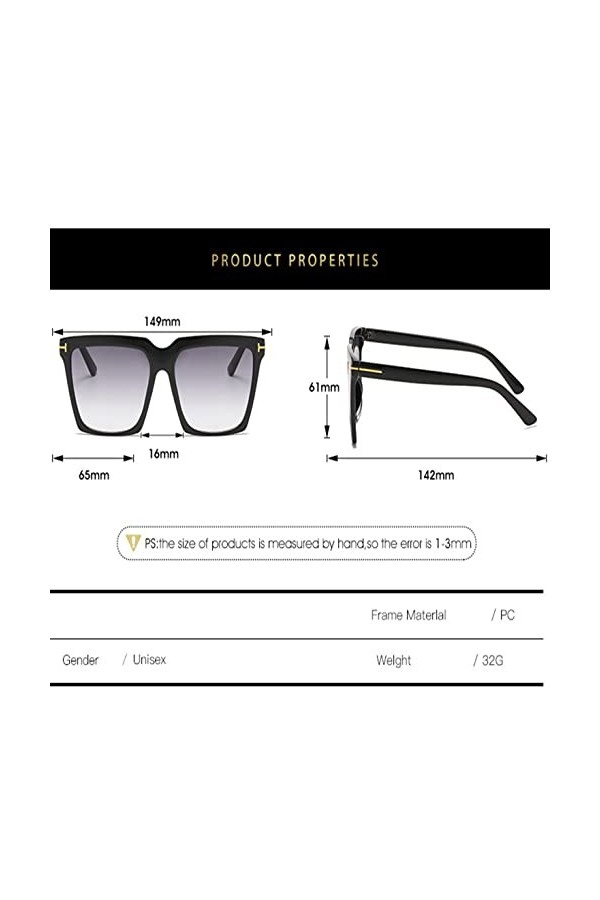 HCHES Lunettes de soleil carrées femmes Vintage surdimensionnées femmes lunettes de soleil noir dégradé femme lunettes hommes