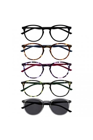 OPULIZE Met Pack 5 Lunettes De Lecture Avec Lecteur Soleil Rond Noir Brun Pourpre Vert Gris Hommes Femmes RRRRS60-12567 +1,50