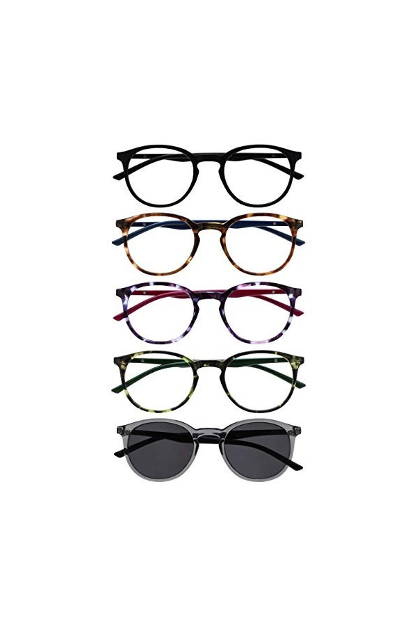 OPULIZE Met Pack 5 Lunettes De Lecture Avec Lecteur Soleil Rond Noir Brun Pourpre Vert Gris Hommes Femmes RRRRS60-12567 +1,50