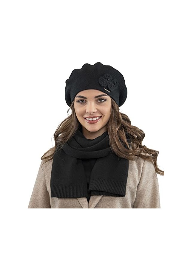 VIVISENCE Béret+Écharpe Classique Et Élégant Idéal pour Hiver 7006Kmpl, Noir,UNI