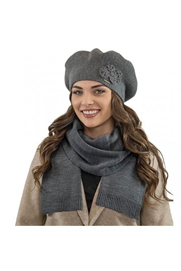 VIVISENCE Béret+Écharpe Classique Et Élégant Idéal pour Hiver 7006Kmpl, Gris Foncé,UNI