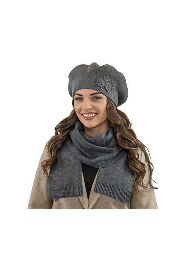 VIVISENCE Béret+Écharpe Classique Et Élégant Idéal pour Hiver 7006Kmpl, Gris Foncé,UNI