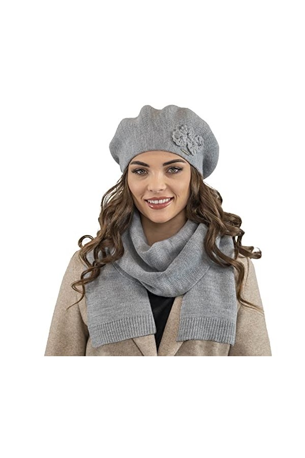 VIVISENCE Béret+Écharpe Classique Et Élégant Idéal pour Hiver 7006Kmpl, Gris Foncé,UNI