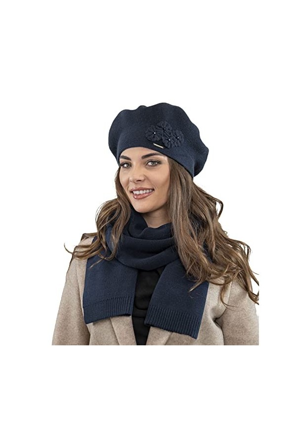 VIVISENCE Béret+Écharpe Classique Et Élégant Idéal pour Hiver 7006Kmpl, Gris Foncé,UNI