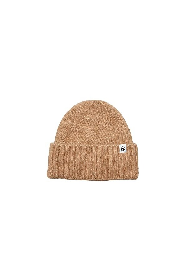Becksöndergaard Lenny Beanie Bonnet en tricot côtelé pour femme avec revers - 51 % alpaga/49 % coton, Praline, taille unique