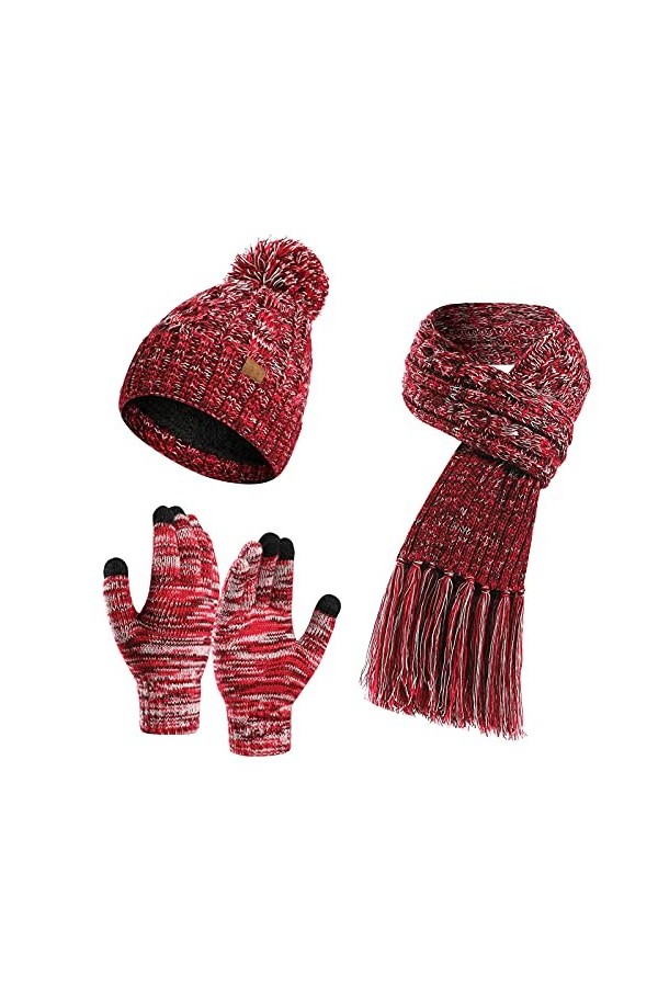 Ensemble de 3 gants en tricot pour femme - Bonnet dhiver chaud avec doublure en polaire - Moufles - Accessoires dhiver, Ros