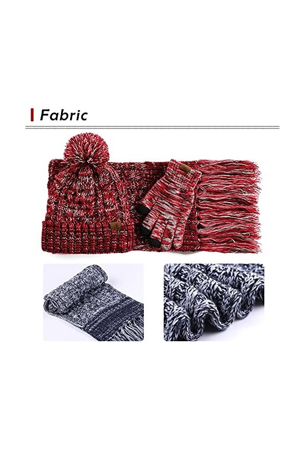 Ensemble de 3 gants en tricot pour femme - Bonnet dhiver chaud avec doublure en polaire - Moufles - Accessoires dhiver, Ros