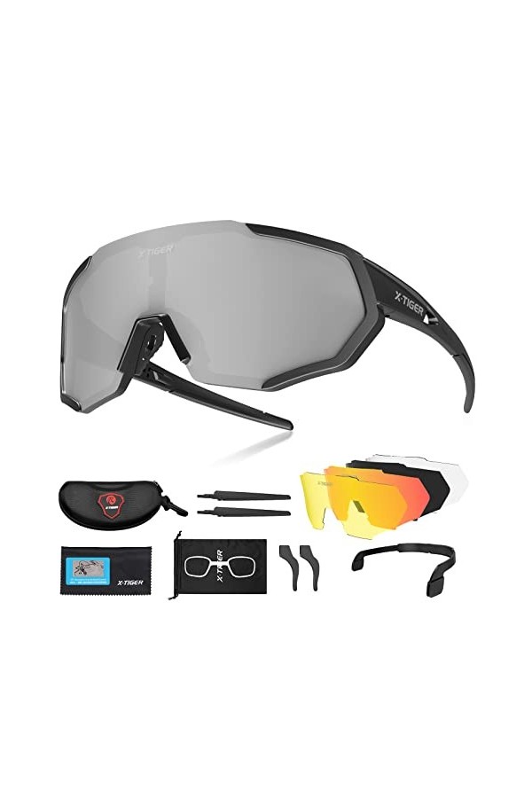 X-TIGER Lunettes de Cyclisme Lunettes de Sport Polarisées avec 3 ou 5 Verres Interchangeables Protection UV400 Lunettes de So
