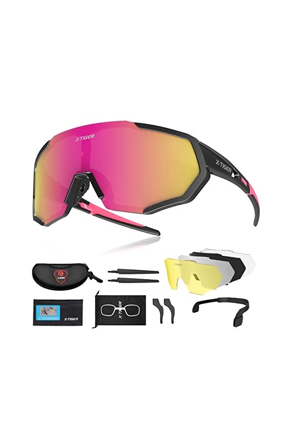 X-TIGER Lunettes de Cyclisme Lunettes de Sport Polarisées avec 3 ou 5 Verres Interchangeables Protection UV400 Lunettes de So