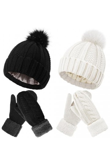 Sintege 4 Pcs Set de Bonnets à Pompon Doublé en Satin de Soie Gants en Tricot Chauds dHiver pour Femme Blanc, Noir 