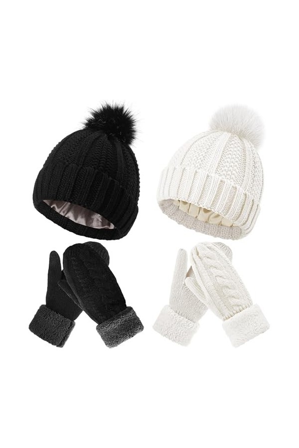 Sintege 4 Pcs Set de Bonnets à Pompon Doublé en Satin de Soie Gants en Tricot Chauds dHiver pour Femme Blanc, Noir 