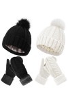 Sintege 4 Pcs Set de Bonnets à Pompon Doublé en Satin de Soie Gants en Tricot Chauds dHiver pour Femme Blanc, Noir 