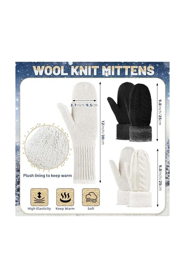 Sintege 4 Pcs Set de Bonnets à Pompon Doublé en Satin de Soie Gants en Tricot Chauds dHiver pour Femme Blanc, Noir 