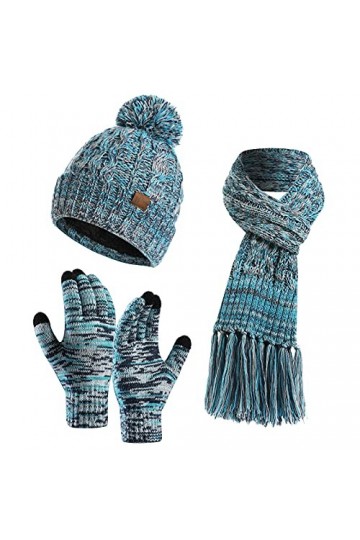 Ensemble de 3 gants en tricot pour femme - Bonnet dhiver chaud avec doublure en polaire - Moufles - Accessoires dhiver, ble