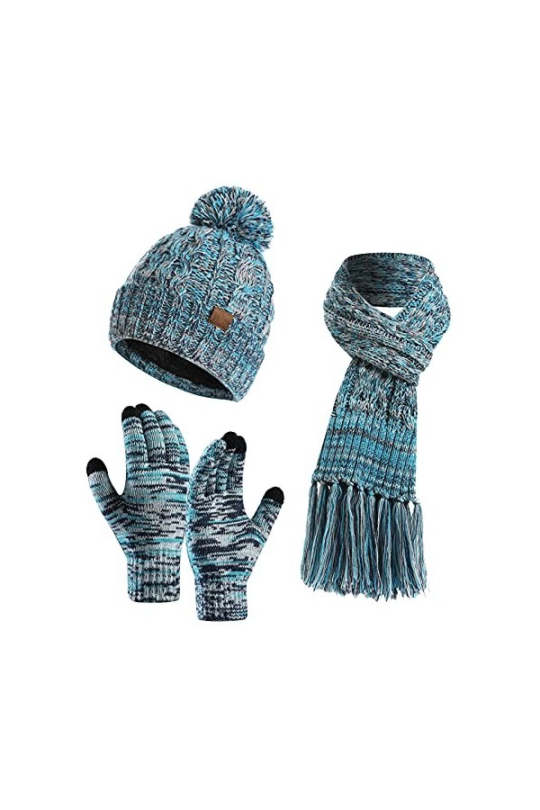 Ensemble de 3 gants en tricot pour femme - Bonnet dhiver chaud avec doublure en polaire - Moufles - Accessoires dhiver, ble