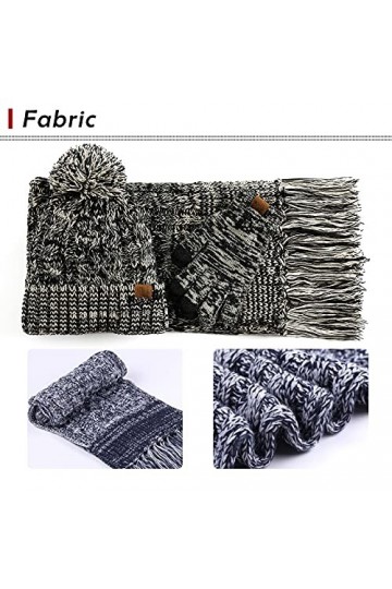 Ensemble de 3 gants en tricot pour femme - Bonnet dhiver chaud avec doublure en polaire - Moufles - Accessoires dhiver, ble