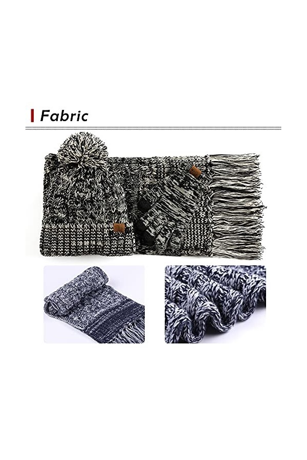 Ensemble de 3 gants en tricot pour femme - Bonnet dhiver chaud avec doublure en polaire - Moufles - Accessoires dhiver, ble