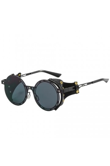 HCHES Lunettes de soleil punk surdimensionnées pour hommes et femmes, nuances métalliques rondes en cuir Steampunk, Vintage U