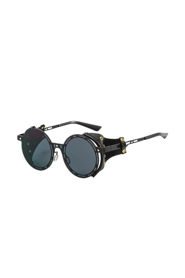 HCHES Lunettes de soleil punk surdimensionnées pour hommes et femmes, nuances métalliques rondes en cuir Steampunk, Vintage U