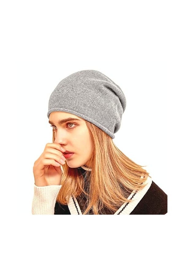 prettystern Bord roulé Couleur Unie Femme Casual Cachemire Laine Cashmere Bonnet tricoté Gris Clair