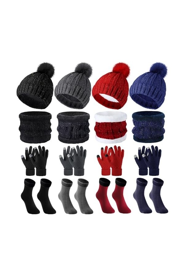 4 Sets de Bonnet à Pompon en Tricot Torsadé Écharpes de Tube Gants à Écran Tactile Chaussettes Couleur Foncée, Normal 