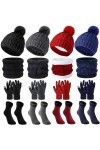 4 Sets de Bonnet à Pompon en Tricot Torsadé Écharpes de Tube Gants à Écran Tactile Chaussettes Couleur Foncée, Normal 