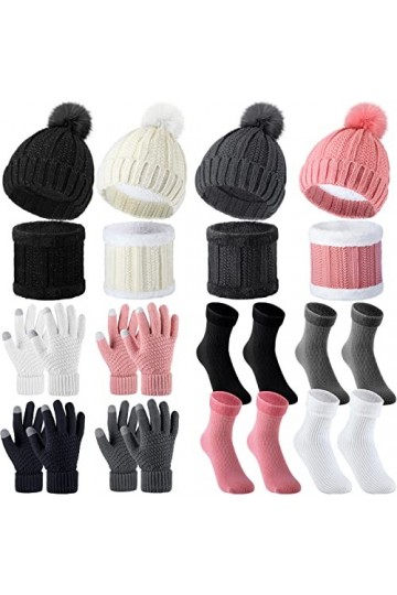 4 Sets de Bonnet à Pompon en Tricot Torsadé Écharpes de Tube Gants à Écran Tactile Chaussettes Couleur Élégante, Normal 