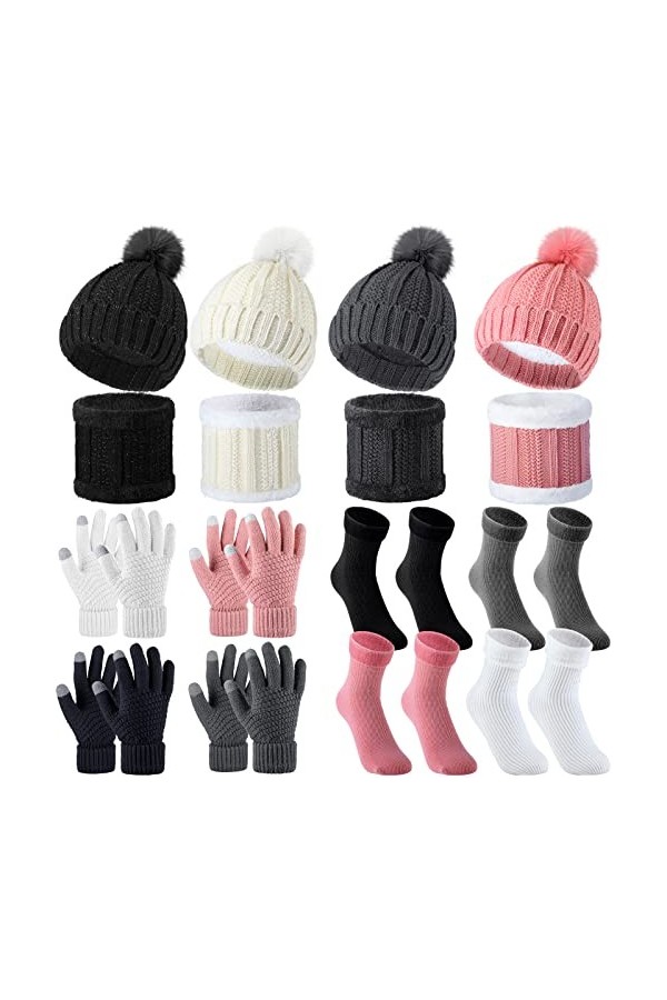 4 Sets de Bonnet à Pompon en Tricot Torsadé Écharpes de Tube Gants à Écran Tactile Chaussettes Couleur Élégante, Normal 