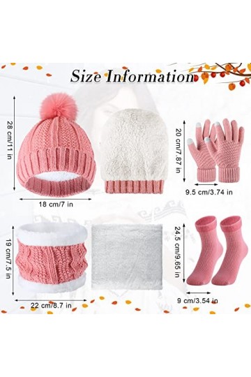 4 Sets de Bonnet à Pompon en Tricot Torsadé Écharpes de Tube Gants à Écran Tactile Chaussettes Couleur Élégante, Normal 