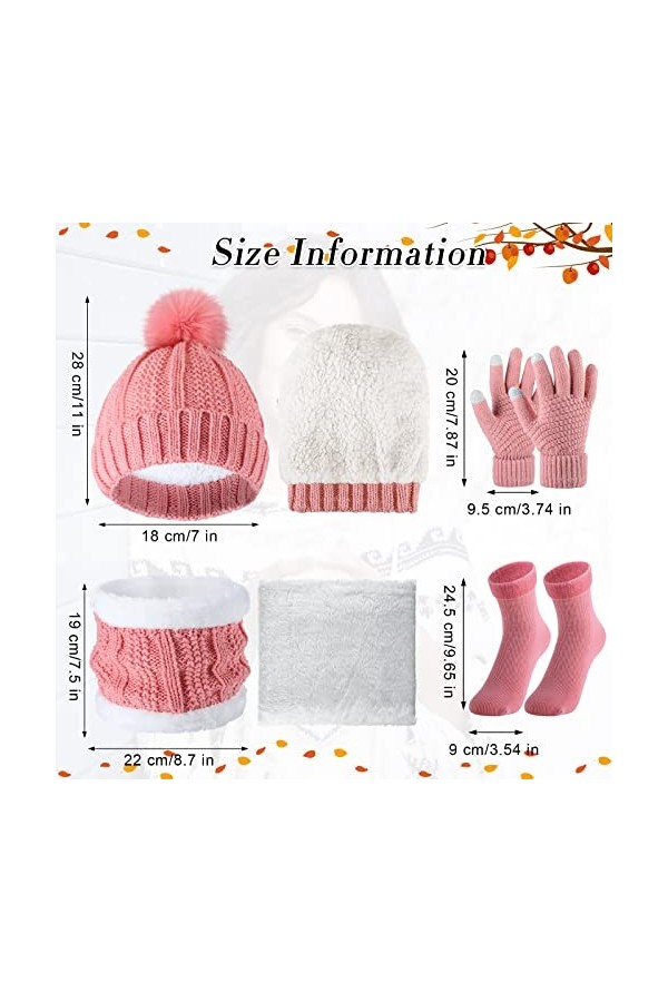4 Sets de Bonnet à Pompon en Tricot Torsadé Écharpes de Tube Gants à Écran Tactile Chaussettes Couleur Élégante, Normal 